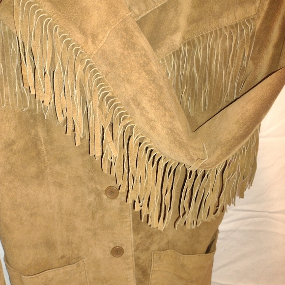 SOLD women's denim and co 100% leather shell fringe tan jacket button up small - Picture 7 of 11